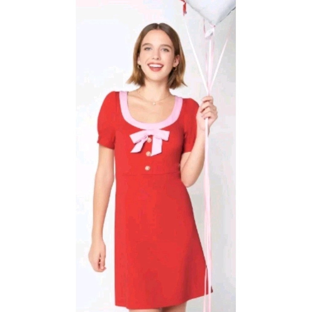 Modcloth Bow Neck Short Sleeve A-Line Red Mini Dress XL Retro Twee Nautical 50s